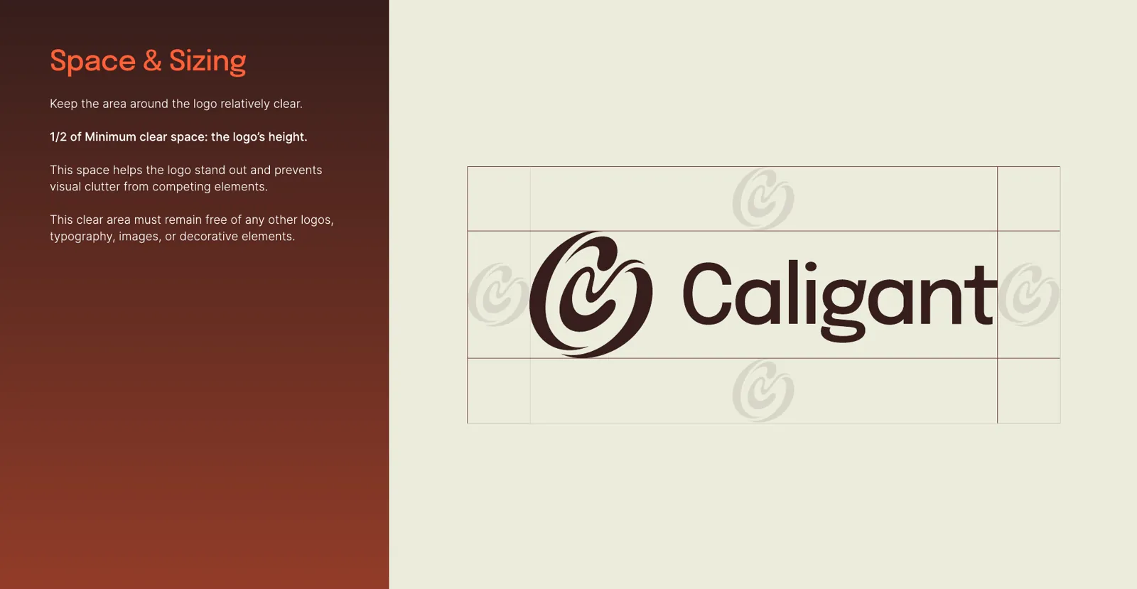 Caligant logo clear space guide: a grid showing half the logo height as minimum clear space around the lockup