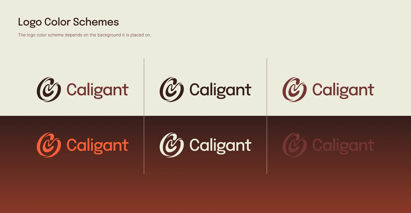 Caligant logo colour schemes: the horizontal logo in dark brown, brick and flame orange on sand and dark backgrounds