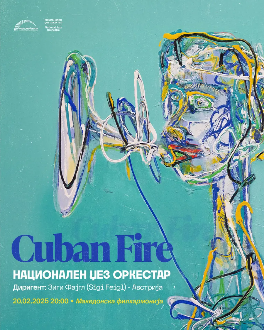 Cuban Fire poster: expressive painting of a trumpet player by Sergej Andreevski on turquoise, with blue serif title, Macedonian Philharmonic, 20 February 2025