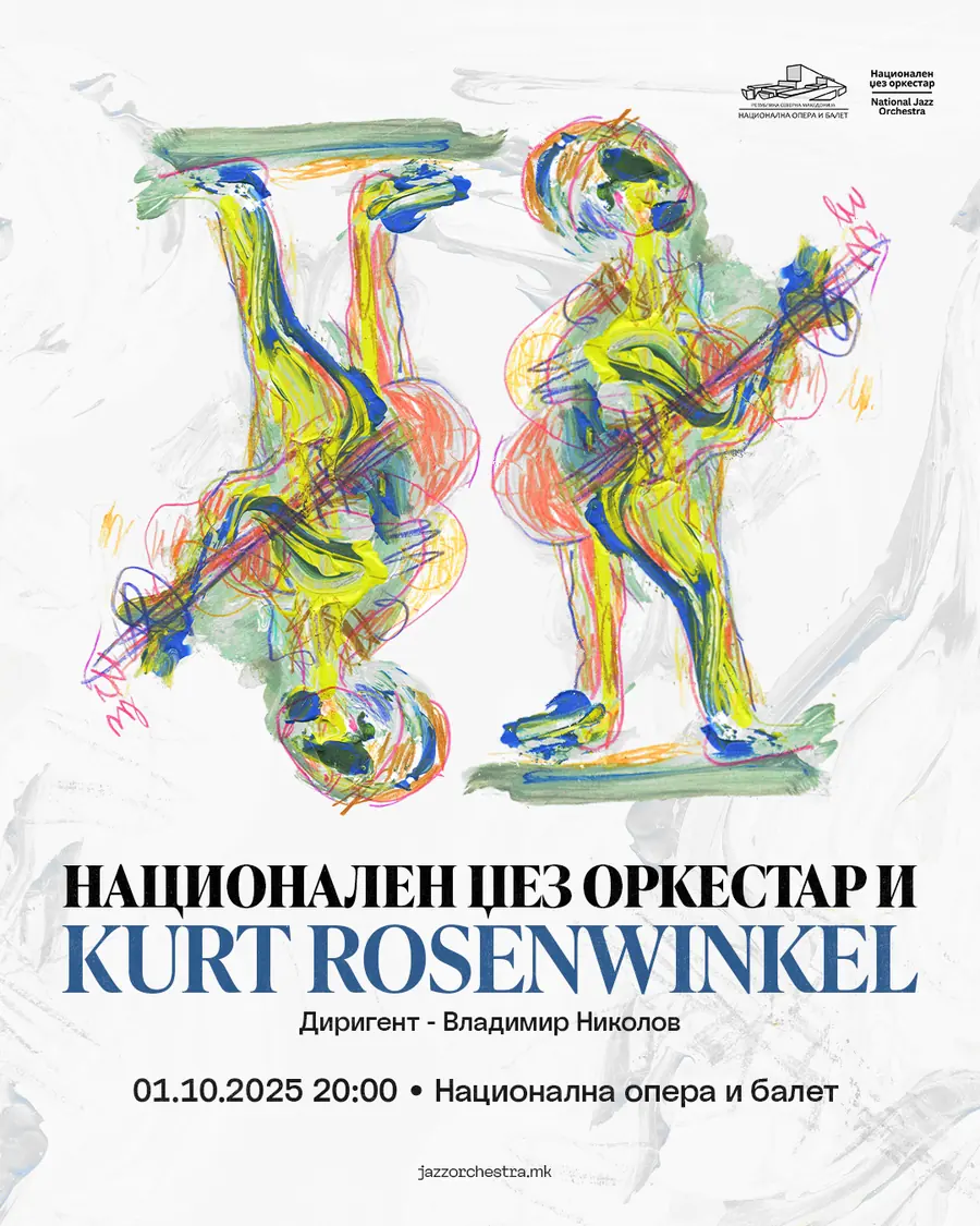 National Jazz Orchestra and Kurt Rosenwinkel poster: mirrored guitarist painting by Sergej Andreevski in yellow, blue and pink, National Opera and Ballet, 1 October 2025