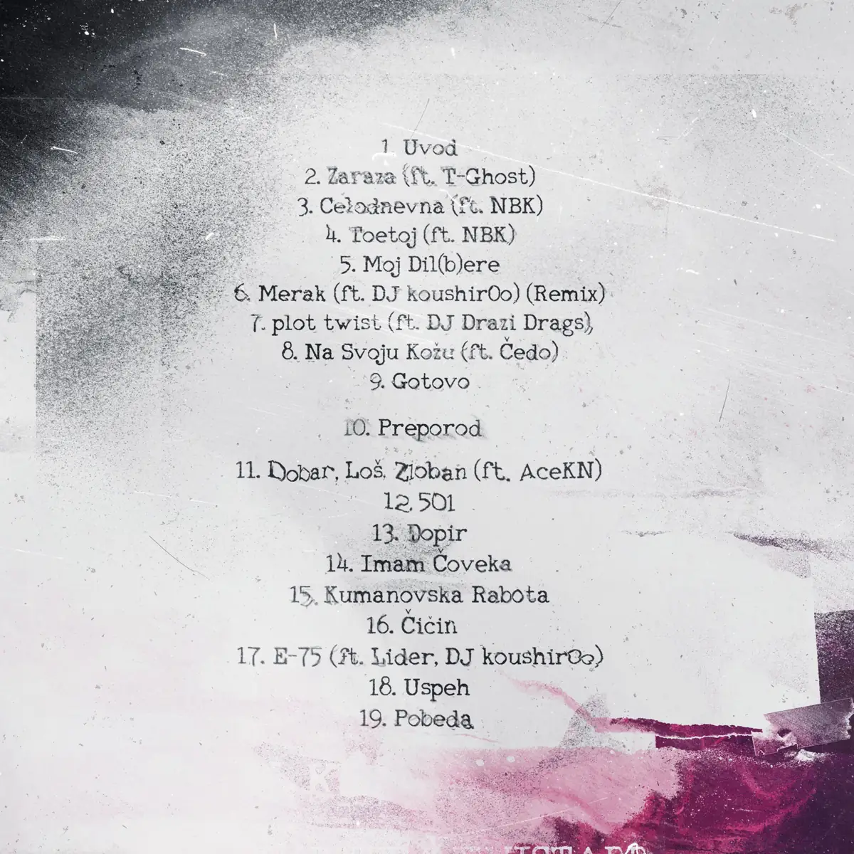 Back cover of the Na Svoju Kozu album: 19-track tracklist in typewriter type over grey and magenta spray textures