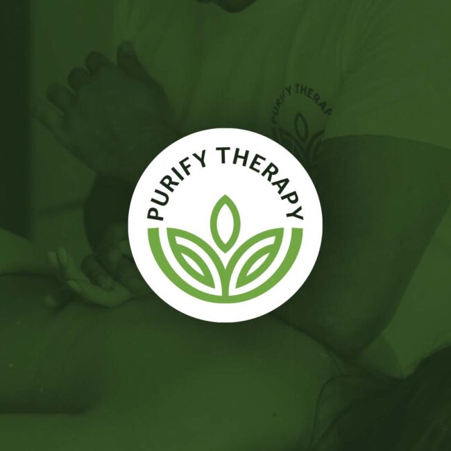 Purify Therapy circular logo with healing hands and flower mark on green background, logo design by Nebojsa Nask