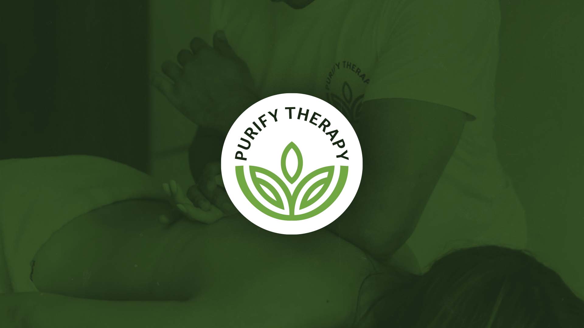 Purify Therapy circular logo with healing hands and flower mark on green background, logo design by Nebojsa Nask