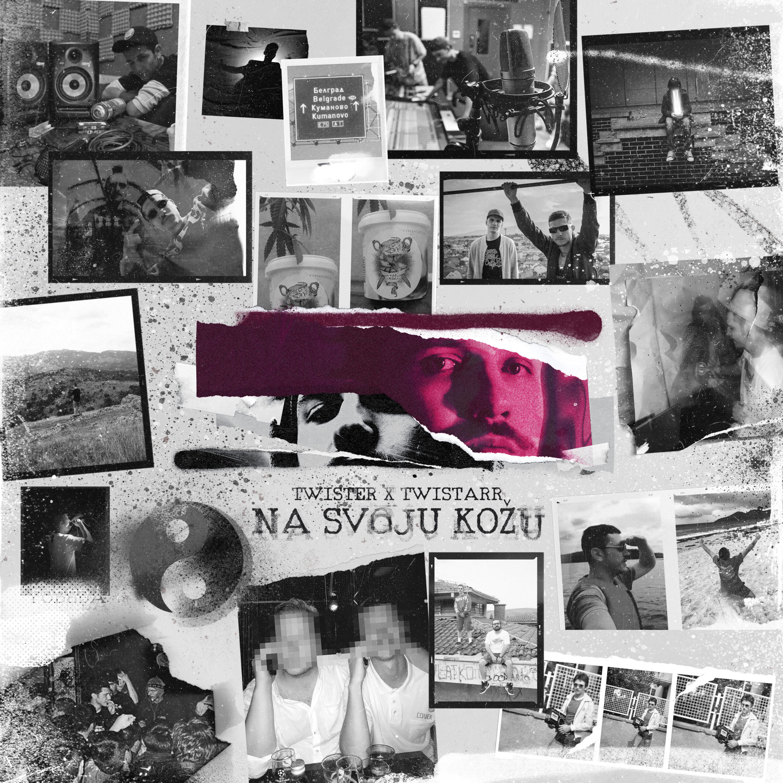 Na Svoju Kožu album cover collage for rap duo Twister x Twistarr, polaroid photographs torn open over a duotone magenta portrait, album artwork by Nebojsa Nask