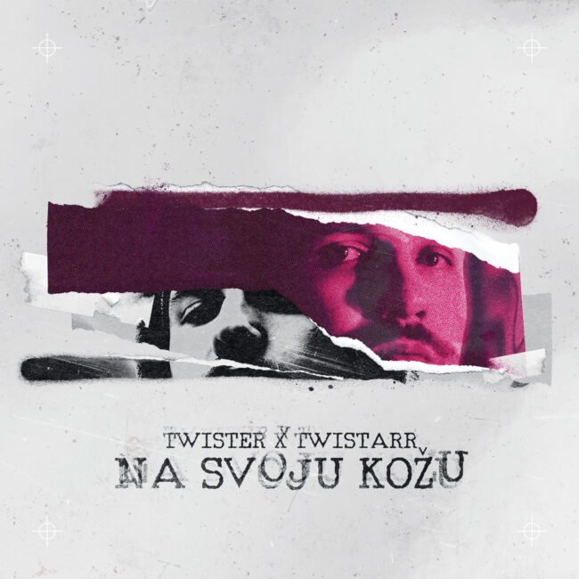 Na Svoju Kožu album title card with torn paper duotone portrait and typewriter typography for Twister x Twistarr, album cover design by Nebojsa Nask