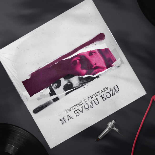 Na Svoju Kožu vinyl record mockup for Twister x Twistarr album, sleeve resting beside turntable and records, album artwork by Nebojsa Nask