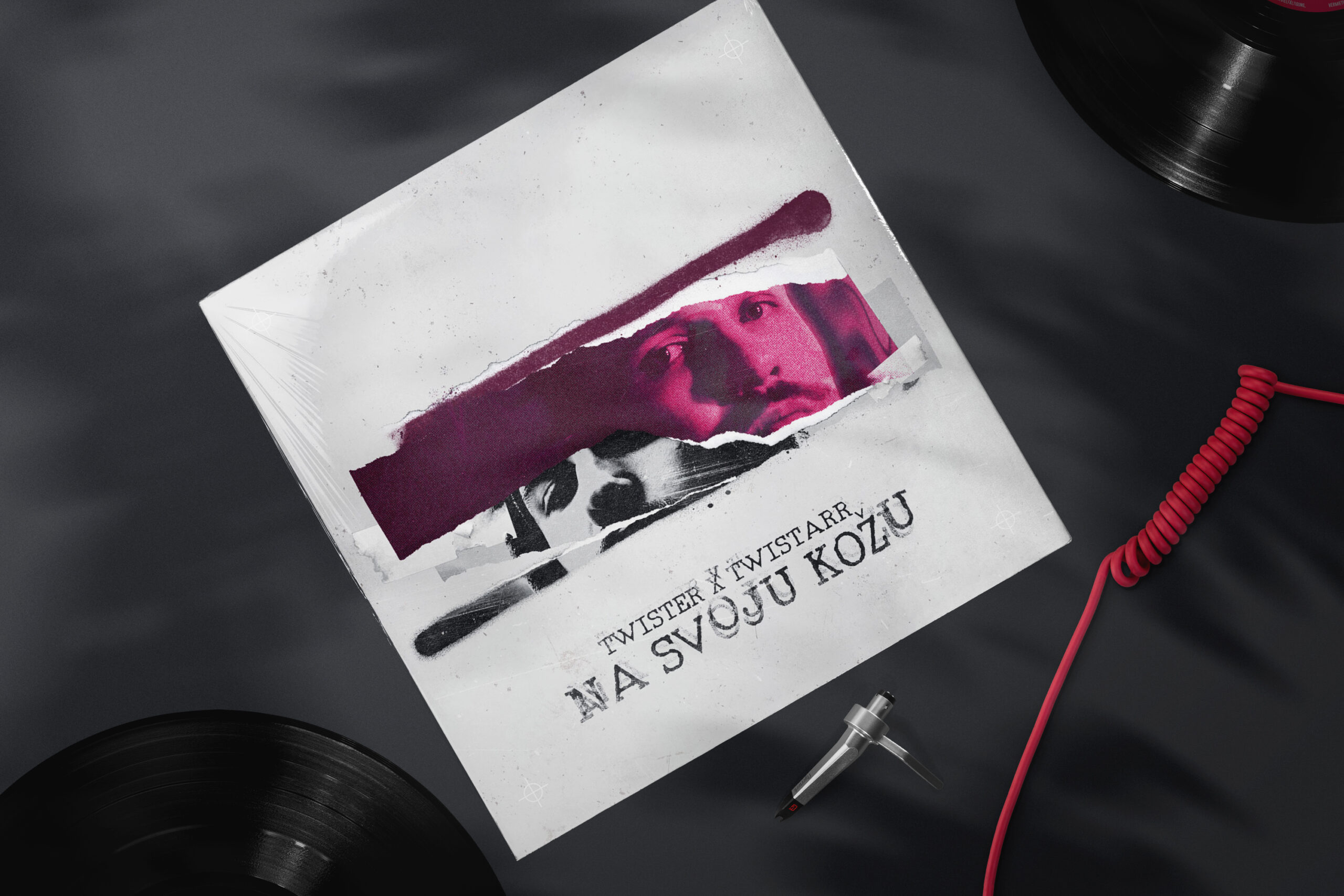 Na Svoju Kožu vinyl record mockup for Twister x Twistarr album, sleeve resting beside turntable and records, album artwork by Nebojsa Nask