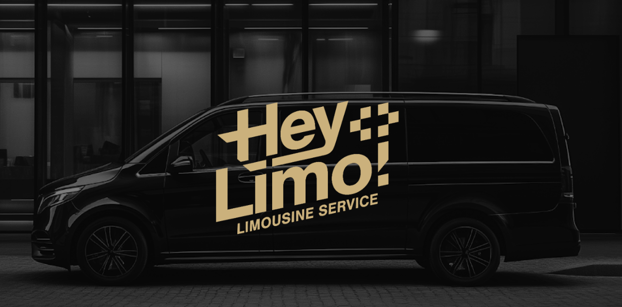 Hey Limo logo on black limousine van with gold Swiss cross detail — luxury transport branding by Nebojsa Nask